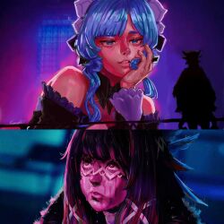  2girls artist_name bare_shoulders black_collar black_hair black_sleeves blade_runner_(series) blade_runner_2049 blue_eyes blue_hair bonnet catwalk_(walkway) closed_mouth collar columbina_(genshin_impact) cyberpunk detached_collar detached_sleeves eye_mask fukumoto_draws genshin_impact giant giantess gloves goslingposting_(meme) hair_ornament hair_ribbon head_wings headdress highres hologram long_hair long_sidelocks long_sleeves looking_at_another mask meme movie_reference multicolored_hair multiple_girls multiple_wings neon_lights neon_palette parody pink_light purple_hair purple_streaks railing ribbon sandrone_(genshin_impact) scene_reference see-through_clothes see-through_mask short_hair_with_long_locks sidelocks silhouette smile streaked_hair two-tone_hair water_drop wet white_gloves white_headdress white_mask white_wings wing_hair_ornament wings x-shaped_eyewear you_look_lonely_(meme) 