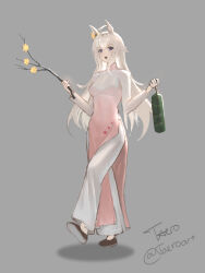  1girl absurdres ahoge animal_ears ao_dai blue_eyes blush breasts commentary dress ear_flower english_commentary gradient_clothes gradient_dress grey_hair hair_between_eyes highres holding holding_stick horse_ears horse_girl long_hair long_sleeves medium_breasts multicolored_hair no_tail oguri_cap_(umamusume) open_mouth pants pelvic_curtain pink_dress saeshimi shoes simple_background smile solo stick teeth umamusume upper_teeth_only vietnamese_clothes white_dress white_pants 