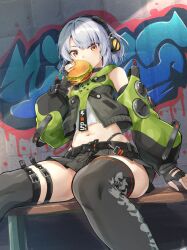  1girl anby_demara burger eating hamburger short_hair sitting zenless_zone_zero 