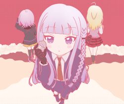  3girls :o ahoge akamatsu_kaede black_gloves black_ribbon black_thighhighs blonde_hair blush braid brown_skirt collared_shirt commentary_request danganronpa:_trigger_happy_havoc danganronpa_(series) danganronpa_2:_goodbye_despair danganronpa_v3:_killing_harmony derivative_work food gloves hair_ribbon hand_up happy_mille-feuille_(idolmaster) holding holding_food hood hood_down idolmaster jacket kirigiri_kyoko long_hair long_sleeves looking_at_viewer medium_hair misa_(usaginosakura) multiple_girls nanami_chiaki necktie open_clothes open_jacket parody pink_shoes pleated_skirt purple_jacket purple_skirt red_background red_necktie ribbon shirt shoes skirt thigh-highs white_shirt 