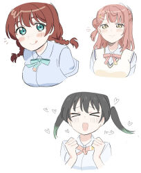  >_< 3girls :d :q aqua_eyes black_hair blue_shirt blush braid breasts brown_hair bun_with_braided_base clenched_hands closed_mouth collared_shirt commentary_request cropped_torso emma_verde freckles gradient_hair green_hair hair_bun ishimochi_(daleka333) large_breasts long_hair love_live! love_live!_nijigasaki_high_school_idol_club low_twin_braids multicolored_hair multiple_girls neck_ribbon nijigasaki_school_uniform pink_hair pink_ribbon raised_inner_eyebrows ribbon school_uniform shirt short_sleeves single_side_bun smile summer_uniform sweater_vest takasaki_yu tongue tongue_out twin_braids twintails uehara_ayumu xd yellow_eyes yellow_sweater_vest 