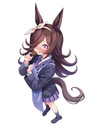  !? 1girl animal_ears apron black_jacket black_skirt blazer blue_apron blush bow bow_hairband brown_hair candy chocolate collared_shirt commentary_request eating flipped_hair food food_in_mouth food_on_face full_body hair_over_one_eye hairband heart heart-shaped_chocolate heart-shaped_food highres hokuyukis horse_ears horse_girl horse_tail jacket long_hair long_sleeves looking_at_viewer necktie purple_necktie purple_skirt rice_shower_(umamusume) school_uniform shirt shoes sitting skirt socks solo tail umamusume violet_eyes white_background white_bow white_hairband white_shirt white_socks 