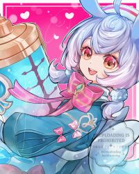  1girl :d ahoge apron aqua_bow aqua_shirt artist_name blue_hair border bow bowtie brooch commentary_request crossed_bangs eyelashes genshin_impact gloves gradient_hair hair_between_eyes hair_ornament hat heart highres holding holding_syringe jagabokkuru jewelry large_syringe long_sleeves looking_at_viewer low_twintails medium_hair multicolored_hair nurse_cap open_mouth outside_border oversized_object pink_background pink_bow pom_pom_(clothes) pom_pom_hair_ornament puffy_long_sleeves puffy_sleeves purple_hair red_bow red_bowtie red_eyes shirt sidelocks sigewinne_(genshin_impact) signature simple_background smile solo syringe teeth twintails upper_teeth_only watermark white_apron white_border white_gloves white_hat 