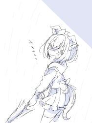  animal_ears beer_hsk braid closed_umbrella commentary_request ear_ribbon greyscale hair_between_eyes holding holding_umbrella horse_ears horse_girl horse_tail long_sleeves looking_to_the_side monochrome multicolored_hair open_mouth pleated_skirt puffy_long_sleeves puffy_sleeves rain school_uniform shirt sketch skirt special_week_(umamusume) tail thigh-highs tracen_school_uniform translation_request two-tone_hair umamusume umbrella wavy_mouth 