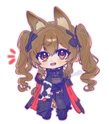  1girl :d ^^^ angelina_(arknights) animal_ear_fluff animal_ears arknights arknights:_endfield arms_behind_back black_shoes black_thighhighs blush_stickers brown_hair coat commentary_request deformed dot_nose double-parted_bangs dress fold-over_boots fox_ears fox_girl fox_tail full_body gilberta_(arknights) grey_dress headpiece high_collar highres leaning_forward long_hair long_sleeves looking_at_viewer lower_teeth_only mc00 off_shoulder open_clothes open_coat red_coat red_eyes shoes simple_background sleeveless sleeveless_dress smile solo tail teeth thigh-highs twintails twitter_username white_background 