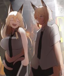  1boy 1girl absurdres animal_ears bag blurry blurry_background cigarette commentary fox_boy fox_ears fox_girl grocery_bag highres kitsune original shopping_bag skashi smoke tail yellow_fur 