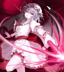  1girl ascot bat_wings blue_hair brooch closed_eyes commentary hat hat_ribbon highres holding holding_polearm holding_weapon jewelry medium_hair mob_cap pointy_ears polearm puffy_short_sleeves puffy_sleeves red_ascot red_eyes remilia_scarlet ribbon shirt short_sleeves skirt smile solo spear spear_the_gungnir tomura_amane touhou weapon white_hat white_shirt white_skirt wings wrist_cuffs 