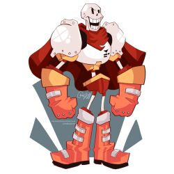  1boy 2018 2d absurdres adapted_costume aqua_background armor artist_name ashley_artly boots cape commentary deviantart_username digital_media english_commentary full_body gloves highres humanoid male male_focus male_only monster monster_boy orange_boots orange_gloves papyrus_(undertale) pauldrons red_cape red_shorts shorts signature simple_background skeleton solo standing teeth two-tone_background undead undertale utdr_(toby_fox) white_armor white_background 