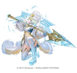  1girl blonde_hair blue_eyes breasts brooch cape capelet commentary_request copyright_notice earrings emblem fire_emblem fire_emblem_heroes fjorm_(fire_emblem) fjorm_(icy_miracle)_(fire_emblem) fur-trimmed_cape fur_hat fur_trim gloves green_eyes hat holding holding_polearm holding_weapon ice ice_skates ice_wings jewelry maeshima_shigeki medium_breasts multicolored_hair official_alternate_costume official_art on_one_knee parted_lips polearm short_hair short_hair_with_long_locks skates solo thigh-highs torn_cape torn_clothes weapon white_capelet wings 