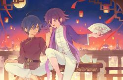  2boys :d ahoge alternate_costume belt black_belt black_hair commentary_request cup danganronpa_(series) danganronpa_v3:_killing_harmony ewa_(seraphhuiyu) feeding hair_between_eyes hand_fan highres holding indoors jacket lamp long_sleeves male_focus medium_hair moon multiple_boys night oma_kokichi open_mouth pants paper_fan purple_hair saihara_shuichi short_hair smile teacup teapot white_jacket white_pants 