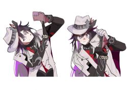  1boy arm_tattoo ashveil_(honkai:_star_rail) bracelet commentary english_commentary fedora gloves gradient_hair hat hat_ornament highres holding honkai:_star_rail honkai_(series) jacket jewelry long_hair male_focus multicolored_hair multiple_expressions necklace nervous one_more_1m0re single_glove tattoo tearing_up tooth_necklace very_long_hair vest waistcoat wallet white_background 