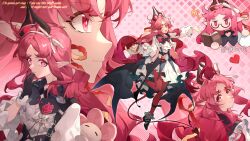  ? absurdres arknights black_gloves cake cake_slice carousel chibi chinese_text diamond-shaped_pupils diamond_(shape) dress english_text food frills from_side full_body gloves hair_ribbon hand_on_own_face hand_up heart heart_tail highres holding holding_plate lingyu_ovo long_hair long_sleeves looking_at_viewer looking_back multiple_views nymph_(arknights) nymph_(sweetness_to_the_heart)_(arknights) open_mouth pantyhose pink_eyes pink_hair pink_pantyhose plate pointy_ears portrait puffy_long_sleeves puffy_sleeves red_pantyhose red_tail ribbon semi-rimless_eyewear smile spoon standing standing_on_one_leg symbol-shaped_pupils tail upper_body white_dress 