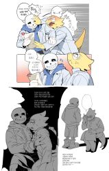  1boy 1girl 2025 2d alphys anger_vein anthro barefoot black_background black_shorts blank_speech_bubble blue_hood blue_hoodie border buck_teeth cellphone coat colored_skin digital_media dinosaur dinosaur_girl drawstring duo edit female full_body glasses grey_hood greyscale halftone halftone_background hand_on_another's_face highres holding holding_cellphone holding_paper holding_phone hollow_eyes hood hood_down hooded_jacket hoodie humanoid jacket korean_text lab_coat lizard lizard_girl lizard_tail long_sleeves male monochrome monster monster_boy monster_girl open_clothes open_coat orange_background paper phone reptile reptile_girl reptile_tail sans_(undertale) scalie shirt shorts simple_background single_vertical_stripe sitting skeleton slippers socks speech_bubble spoilers stitched striped_shorts tail tall_image teeth text third-party_edit translation_request ttudolee undead undertale utdr_(toby_fox) vertical-striped_clothes vertical-striped_shorts white_background white_border white_coat white_shirt white_socks yellow_skin 