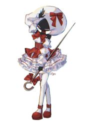  17hornet77987 1girl adapted_costume alternate_costume arm_warmers arthropod_girl artist_name bare_shoulders black_skin bow bowtie closed_eyes colored_skin dress frilled_arm_warmers frilled_dress frills full_body hat hat_ribbon highres holding holding_weapon hollow_knight hollow_knight:_silksong lace_(hollow_knight) leggings multiple_girls pin_(hollow_knight) red_bow red_bowtie red_ribbon ribbon simple_background weapon white_arm_warmers white_background white_dress white_hat white_leggings 
