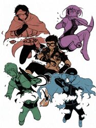  1girl 4boys adjusting_clothes amputee arafune_squad's_uniform arm_blade artist_name backwards_hat bagworm_(world_trigger) baseball_cap bisected black_gloves black_hair black_hat black_jacket black_pants boots breasts bullet_hole cape commentary cropped_jacket double_amputee elbow_gloves full_body gloves goggles gun gunshot_wound hanzaki_yoshito hat headphones highres holding holding_gun holding_sword holding_weapon ikoma_squad's_uniform ikoma_tatsuhito jacket katori_squad's_uniform katori_youko knee_blade kogetsu_(world_trigger) kuruma_tatsuya long_hair long_sleeves medium_hair mole mole_under_eye multiple_boys multiple_monochrome omuimui5 open_mouth pants parted_lips severed_arm severed_limb severed_torso short_hair short_jumpsuit short_sleeves simple_background sword thigh_boots twitter_username weapon white_background world_trigger 