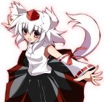  1girl animal_ears bare_shoulders blush breasts detached_sleeves fang happy hat inubashiri_momiji open_mouth red_eyes ribbon-trimmed_sleeves ribbon_trim saga_taichi short_hair silver_hair simple_background solo tail tokin_hat touhou white_background wolf_ears wolf_tail 