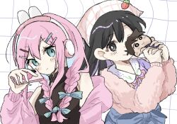  2girls animal_ear_headphones animal_ears armpit_crease aubrey_(birthday)_(omori) aubrey_(faraway)_(omori) aubrey_(omori) back-to-back bare_shoulders black_eyes black_hair black_shirt blue_bow blue_eyes blue_hair blue_hakama bow braid breasts bright_pupils cardigan cardigan_partially_removed character_doll closed_mouth clothing_cutout collared_shirt colored_inner_hair commentary doll dot_nose double-parted_bangs expressionless fake_animal_ears fur_jacket grid_background hair_behind_ear hair_between_eyes hair_bow hair_ornament hair_over_shoulder hairclip hakama hand_up hands_up headphones headscarf hero_(faraway)_(omori) hero_(omori) highres holding holding_doll holding_phone jacket japanese_clothes light_frown long_sleeves low_twin_braids mari_(birthday)_(omori) mari_(faraway)_(omori) mari_(omori) multicolored_hair multiple_girls neck_ribbon official_alternate_costume official_alternate_hairstyle okameeomo omori open_cardigan open_clothes orange_ribbon parallel_hairclips phone pink_cardigan pink_hair pink_jacket puffy_long_sleeves puffy_sleeves purple_hair purple_shirt rabbit_ear_headphones rabbit_ears ribbon shirt sidelocks simple_background sleeveless sleeveless_shirt sleeveless_turtleneck small_breasts smile straight_hair strawberry_hat_ornament tareme turtleneck turtleneck_shirt twin_braids two-tone_hair untranslatable_commentary upper_body white_background white_headscarf white_pupils 
