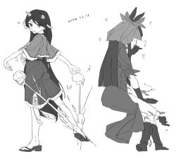  2girls blush boots chinese_commentary cindy717 closed_mouth commentary_request cone_horns dated dress flower flower_on_head food fruit full_body gloves grapes greyscale heart highres horn_ornament horn_ribbon horns knee_boots lobelia_(flower) long_hair looking_at_viewer monochrome multiple_girls nippaku_zanmu open_mouth ribbon ribbon-trimmed_sleeves ribbon_trim sandals shirt shorts skull smile touhou very_long_hair wide_sleeves yomotsu_hisami 