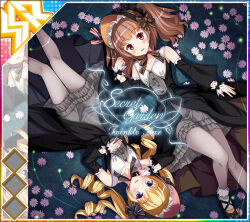  2girls album_cover bare_shoulders black_bonnet black_bow black_dress black_shoes black_sleeves blonde_hair blue_eyes blush bonnet bow brown_bow brown_hair collarbone cover detached_sleeves dot_nose dress drill_hair english_text flower flower_bed from_above game_cg grey_dress grey_pantyhose hand_on_own_stomach hand_up idol_wars knee_up knees_together_feet_apart long_hair looking_at_viewer lying medium_hair momose_megu multiple_girls official_art on_back open_mouth pantyhose pink_flower quad_drills red_eyes shoes sleeveless sleeveless_dress smile socks striped_bow tenkawa_rinka third-party_source twintails white_socks white_wrist_cuffs wrist_cuffs 