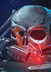  1girl absurdres artist_name assembling benii21 blue_eyes cable cannon chainsaw clenched_teeth commentary english_commentary giant_skull hammer helmet highres holding holding_hammer mechanic_(terraria) orange_hair overalls ponytail rivets robot short_hair skeletron_prime teeth terraria unworn_headwear unworn_helmet yellow_overalls 