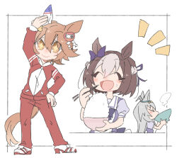  +_+ 3girls :d ^_^ ahoge animal_ears arm_up beer_hsk bow bowl braid brown_eyes brown_hair chopsticks closed_eyes commentary_request daruma_doll ear_bow food food_on_face grey_hair hair_between_eyes holding holding_bowl holding_chopsticks horse_ears horse_girl horse_tail jacket long_hair matikanefukukitaru_(umamusume) multicolored_hair multiple_girls notice_lines oguri_cap_(umamusume) pants puffy_short_sleeves puffy_sleeves purple_bow purple_shirt red_jacket red_pants rice rice_bowl rice_on_face school_uniform shide shirt short_sleeves smile special_week_(umamusume) stretching tail tracen_school_uniform track_jacket track_pants track_suit two-tone_hair umamusume white_background white_shirt 