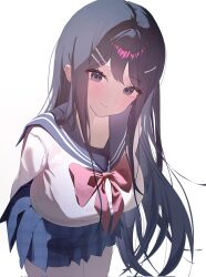  1girl blue_eyes blue_skirt blush bow bowtie closed_mouth cowboy_shot danganronpa:_trigger_happy_havoc danganronpa_(series) dodong-i hair_ornament hairclip hashtag-only_commentary highres long_hair maizono_sayaka pleated_skirt red_bow red_bowtie sailor_collar school_uniform shirt simple_background skirt smile solo white_background white_shirt 