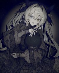  1girl absurdres black_bow black_dress black_nails blue_eyes bow colored_skin commentary_request cowboy_shot dress fangs frilled_dress frills gothic_lolita gown grey_hair hair_between_eyes hair_bow hair_intakes hand_up heterochromia highres hinomiya_shou holding holding_stuffed_toy hugging_object juliet_sleeves lace-trimmed_sleeves lace_trim lolita_fashion long_hair long_sleeves looking_at_viewer open_mouth original puffy_sleeves sleeves_past_wrists solo stuffed_toy twintails vignetting white_skin 