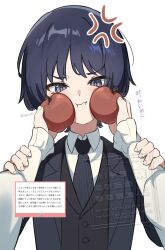  1boy absurdres alternate_costume apple black_hair black_jacket black_necktie black_sleeves black_suit blunt_ends blush breast_pocket cheek_squash closed_mouth collared_shirt commentary_request contemporary dress_shirt eyeliner fingernails food formal_clothes frown fruit furrowed_brow genshin_impact highres holding holding_another's_arm holding_food holding_fruit jacket long_sleeves looking_at_viewer makeup marshmallow_(site) mikan_(akasa051) necktie open_clothes open_jacket pocket pov red_eyeliner request_inset scaramouche_(genshin_impact) shirt suit suit_jacket translation_request tsurime twitter_username undershirt vest violet_eyes waistcoat watermark wavy_mouth white_background white_shirt white_sleeves wing_collar wispy_bangs 