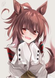  1girl absurdres agnes_tachyon_(tach-nology)_(umamusume) agnes_tachyon_(umamusume) ahoge animal_ears blush brown_hair coat commentary_request hair_between_eyes highres horse_ears horse_girl horse_tail housei_fenoru lab_coat long_sleeves looking_at_viewer medium_hair open_mouth red_eyes sleeves_past_fingers sleeves_past_wrists solo sweatdrop sweater sweater_vest tail textless_version umamusume white_coat wolf_cut yellow_sweater yellow_sweater_vest 