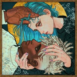  1boy 1girl arcane:_league_of_legends arcane_jinx asymmetrical_hair babu_(babushkahihi) black_sweater blue_eyes blue_hair blue_nails border brown_border brown_eyes closed_mouth couple dark-skinned_male dark_skin dreadlocks ekko_(league_of_legends) firelight_ekko halo hand_in_another's_hair hand_on_another's_cheek hand_on_another's_face hashtag-only_commentary hetero highres jinx_(league_of_legends) league_of_legends looking_at_viewer nail_polish pale_skin parted_lips pink_lips pink_nails sidecut sweater turtleneck turtleneck_sweater twitter_username undercut upper_body white_hair white_sweater 