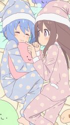  2girls :3 artist_name bambi2000line barefoot bed_sheet blue_hair blue_pajamas blue_pants brown_eyes brown_hair c: cheek_poking closed_eyes commentary fujimi_nemu fushimi_nodoka hat highres hugging_object light_blush long_hair long_sleeves lying multiple_girls nightcap on_side onii-chan_wa_oshimai! pajama_pants pajamas pants pillow pink_pajamas pink_pants poking polka_dot polka_dot_pajamas polka_dot_pants short_hair sleeping smile squeans stuffed_toy 