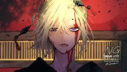  1girl artist_name azmy_1005 battle_damage blonde_hair blood commentary_request gintama highres japanese_clothes kimono kunai purple_hair signature tsukuyo_(gintama) twitter_username upper_body weapon 