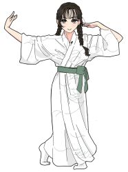 1girl 3: animification arms_up braid closed_mouth commentary_request crossed_legs frown full_body green_sash highres japanese_clothes kimono llkapital long_sleeves nonaka_kokona obi outstretched_arm real_life sash simple_background socks solo twin_braids voice_actor white_background white_kimono white_socks wispy_bangs yukata 