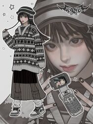 1girl absurdres black_skin blunt_ends blush brown_eyes cellphone colored_skin commentary flip_phone full_body hat highres kangcono long_hair nail_art original oversized_sweater phone pom_pom_(clothes) real_life see-through_clothes see-through_skirt shoes skirt sneakers solo star_(symbol) untranslatable_commentary