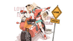  1girl absurdres alternate_costume animal_ear_helmet animal_helmet apple apple_(reverse:1999) aqua_dress aqua_neckerchief artist_name backpack bag bandaid bandaid_on_knee bandaid_on_leg black_bow black_bowtie blonde_hair bow bowtie commentary_request dated dress english_text eyewear_on_head food fruit full_body gloves headphones headphones_around_neck helmet highres holding holding_map jacket kneehighs looking_at_map map motor_vehicle motorcycle motorcycle_helmet neckerchief on_motorcycle open_mouth orange_eyes pointing pointing_to_the_side red_gloves red_jacket red_shoes regulus_(reverse:1999) reverse:1999 road_sign shoes short_dress short_hair sign sneakers socks solo sunglasses traditional_bowtie tsubaki_fuji_(ivy) unworn_headwear unworn_helmet vinyl_record white_background white_socks 