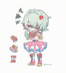  1boy alternate_costume anaxa_(honkai:_star_rail) anger_vein annoyed boots bow buckle chibi chibi_only commentary crossdressing crossdressing_(mtf) eyepatch footwear_bow gradient_eyes green_eyes green_hair hair_intakes heart heart-shaped_buckle honkai:_star_rail honkai_(series) knee_boots male_focus multicolored_eyes nao_kii one_eye_covered pink_bow relic_(honkai:_star_rail) solo twitter_username untranslatable_commentary 