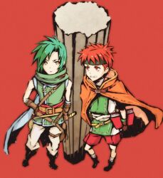  2boys book cloak column commentary_request fire_emblem fire_emblem:_path_of_radiance green_hair headband holding holding_book male_focus multiple_boys perspective pillar red_background red_eyes red_hair short_hair simple_background sothe_(fire_emblem) sumuco tormod_(fire_emblem) 