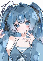  1girl absurdres armpit_crease bare_shoulders black_ribbon blue_camisole blue_eyes blue_hair blue_jacket blue_nails breasts camisole closed_mouth collarbone commentary_request dot_mouth dot_nose hair_between_eyes hair_intakes hair_ribbon hatsune_miku highres jacket long_hair ria_art ribbon signature simple_background small_breasts solo twintails upper_body very_long_hair vocaloid white_background 