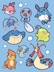  air_bubble arms_up azumarill blush_stickers bubble buizel chinchou closed_eyes commentary corsola english_commentary hat highres horsea milotic no_humans open_mouth party_hat pokemon pokemon_(creature) pokemon_focus politoed poliwag red_eyes selcian_bun u_u wailmer 