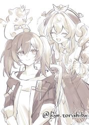  2girls absurdres alternate_hairstyle bow bowtie bra_strap chair closed_eyes closed_mouth commentary_request dress drill_hair greyscale hair_between_eyes hair_brush hairdressing hat highres holding holding_hair_brush honkai:_star_rail honkai_(series) hyacine_(honkai:_star_rail) jacket little_ica_(honkai:_star_rail) looking_at_viewer monochrome multiple_girls on_chair open_mouth ryn_torishiba shirt simple_background sitting smile standing stelle_(honkai:_star_rail) trailblazer_(honkai:_star_rail) twin_drills twintails twitter_username white_background 