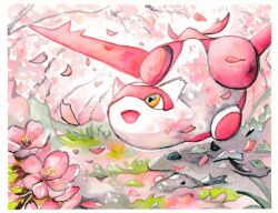  1other absurdres cherry_blossoms cherry_tree commentary falling_petals flower flying grass highres ivasama_kaeru latias looking_up no_humans open_mouth petals pink_flower pokemon pokemon_(creature) shadow solo untranslatable_commentary 