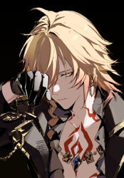  1boy absurdres alternate_costume anxilotus black_background black_gloves black_shirt blonde_hair blue_gem braid chest_tattoo earrings facial_tattoo frilled_shirt frills gem gloves gold_earrings gold_necklace gradient_hair highres honkai:_star_rail honkai_(series) jewelry male_focus medium_hair multicolored_hair mydei_(honkai:_star_rail) necklace partially_unbuttoned pectoral_cleavage pectorals red_hair red_tattoo shirt side_braid solo tattoo yellow_eyes 