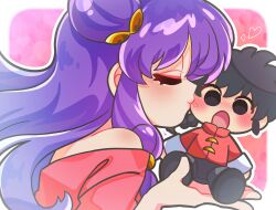  1boy 1girl absurdres bell black_eyes black_hair blush braid braided_ponytail chibi closed_eyes commentary_request hair_bell hair_ornament heart heart_background highres iyashinoyuonsen kiss pink_background purple_hair ranma_1/2 saotome_ranma shampoo_(ranma_1/2) sidelocks 