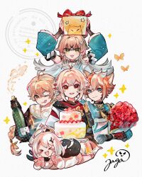  >_< 2girls 3boys :3 :d ;p aether_(genshin_impact) alcohol animal_ears antenna_hair aqua_eyes arms_up artist_name black_cape black_collar black_gloves black_haori black_scarf blonde_hair blue_sleeves blush blush_stickers boots bottle bouquet box braid braided_ponytail brown_hair brown_shirt bug butterfly cake cape closed_eyes closed_mouth collar commentary_request crossed_bangs detached_sleeves dog_ears earrings flower food genshin_impact gift gift_box gloves gorou_(genshin_impact) green_eyes hair_between_eyes hair_intakes hair_ornament hairclip halo hands_on_own_cheeks hands_on_own_face haori highres holding holding_bottle holding_bouquet holding_box holding_gift igote jagabokkuru japanese_clothes jewelry kaedehara_kazuha kimono kirara_(genshin_impact) long_hair long_sleeves looking_at_viewer low_ponytail medium_hair multicolored_hair multiple_boys multiple_girls one_eye_closed open_mouth paimon_(genshin_impact) ponytail red_eyes red_flower red_scarf red_streaks romper scarf shirt short_sleeves sidelocks signature simple_background single_earring single_sode smile sparkle star_(symbol) star_hair_ornament streaked_hair tassel teeth thick_eyebrows tongue tongue_out upper_body upper_teeth_only v-shaped_eyebrows watermark white_background white_boots white_hair white_kimono white_romper wine_bottle yellow_eyes 