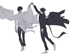  2boys barefoot black_coat black_hair coat dancing feathered_wings full_body highres holding_hands imgeun kim_dokja male_focus multiple_boys omniscient_reader's_viewpoint short_hair standing tiptoes white_coat white_wings wind wind_lift wings yoo_joonghyuk 