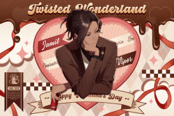  13_(bbr584607091) 1boy argyle_background box box_of_chocolates brown_background brown_hair character_name chocolate_drip commentary copyright_name cropped_torso crossed_arms dark-skinned_male dark_skin food grey_eyes head_rest heart highres holding holding_food jamil_viper looking_to_the_side male_focus red_ribbon ribbon short_hair solo sparkle twisted_wonderland untranslatable_commentary upper_body valentine vest white_vest 