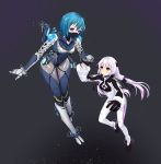  2girls absurdres alpha_(acerailgun) armor blue_hair bodysuit borrowed_character breasts cecilia_(acerailgun) clothes_writing floating floating_object gloves grey_background highres holding_hands hologram horns hoshi_usagi large_breasts lavender_hair light_particles long_hair looking_at_viewer looking_up mask mecha_musume multiple_girls original red_eyes robot_girl shiny shiny_clothes short_hair simple_background small_breasts smile space spacesuit thrusters twintails violet_eyes zero_gravity 
