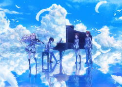  2boys 2girls :d absurdres ahoge arima_kousei arms_behind_back black_hair black_shoes black_socks blazer blonde_hair blue_eyes bow_(music) brown_eyes brown_hair closed_mouth clouds cloudy_sky commentary_request day falling_feathers feathers floating_hair grand_piano grey_jacket grey_pants grey_skirt head_rest highres holding holding_bow_(music) holding_instrument holding_violin instrument jacket kneehighs loafers long_sleeves miniskirt miyazono_kawori multiple_boys multiple_girls music necktie norelle open_mouth outdoors pants piano piano_bench playing_instrument playing_piano pleated_skirt profile red_necktie reflection reflective_liquid ripples salar_de_uyuni sawabe_tsubaki school_uniform shigatsu_wa_kimi_no_uso shirt shoes short_hair simple_bird sitting skirt sky smile socks standing striped_clothes striped_necktie swept_bangs violin watari_ryouta white_shirt 