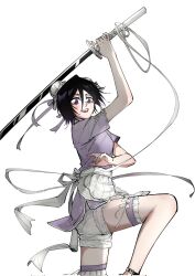  1girl alternate_hairstyle apron black_hair bleach breasts bun_cover china_dress chinese_clothes commentary corrupted_twitter_file double_bun dress english_commentary hair_bun highres holding holding_sword holding_weapon kuchiki_rukia open_mouth purple_dress short_hair shorts silegesi small_breasts smile sode_no_shirayuki_(shikai) solo standing standing_on_one_leg sword thigh_strap violet_eyes waist_apron weapon white_shorts zanpakutou 