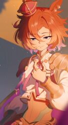  1girl animal_ears armor breasts cape closed_mouth commentary_request crown gem gold_corset hair_between_eyes highres horse_ears horse_girl jewelry justzesou long_sleeves mini_crown multiple_rings orange_hair pink_cape pink_crown red_gem ring shirt short_hair shoulder_armor skirt smile solo t.m._opera_o_(o_sole_suo!)_(umamusume) t.m._opera_o_(umamusume) umamusume upper_body violet_eyes white_shirt 